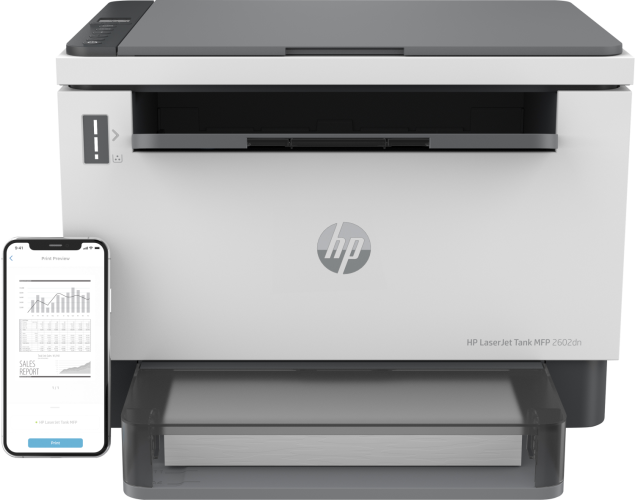 МФУ HP 2R3F0A LaserJet Tank MFP 2602dn Printer (A4) , Printer/Scanner/Copier, 600 dpi, 22 ppm, 64 MB, 500 MHz, 250 pages tray, USB+Ethernet, Duty 25K pages