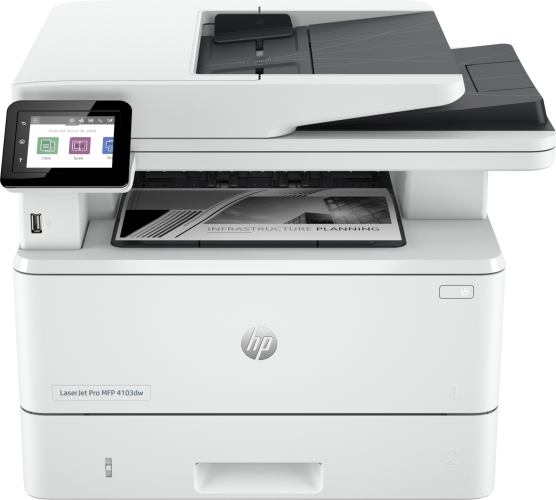 МФУ HP 2Z627A LaserJet Pro MFP 4103dw Printer (A4) , Printer/Scanner/Copier/ADF, 1200 dpi, 40 ppm, 512 Mb, 1200 MHz, tray 100+250 pages, USB+Ethernet+WiFi, Print Duplex, Duty cycle 80K pages, cart. 3 050 page