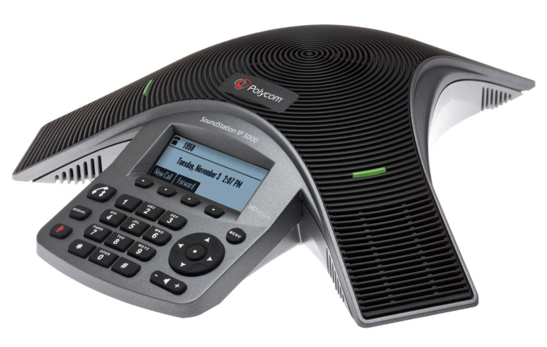 SoundStation IP 5000 conference phone with factory disabled media encryption. 802.3af Power over Ethernet. Includes 7.6 meter Ethernet cable.