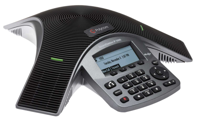SoundStation IP 5000 conference phone with factory disabled media encryption. 802.3af Power over Ethernet. Includes 7.6 meter Ethernet cable.